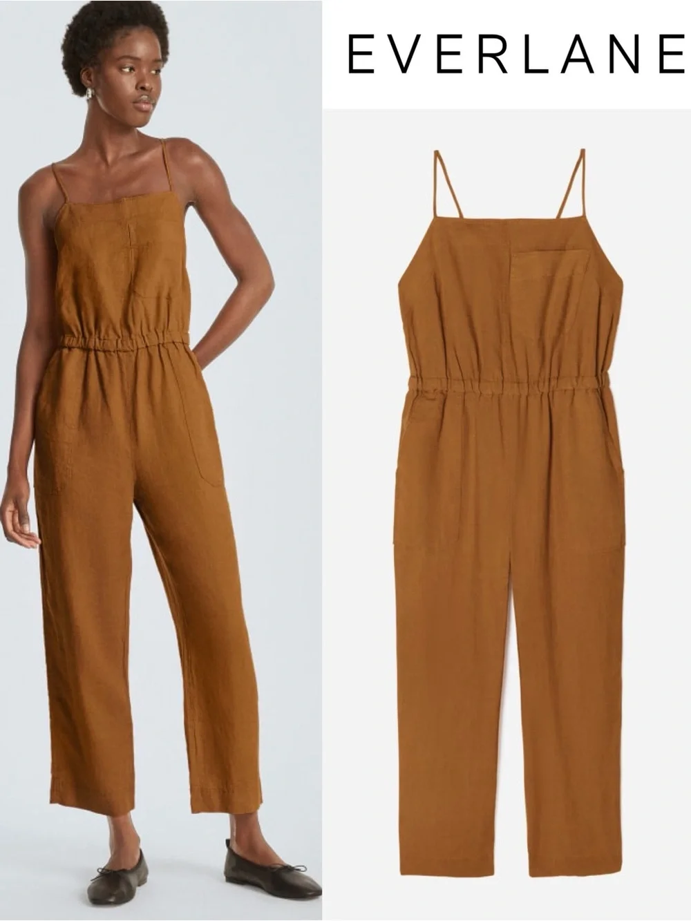 Everlane Linen Shoestring Apron Jumpsuit Spice Brown Small S Wide Leg Boho